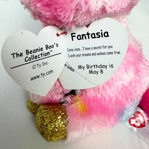 Ty Beanie Boo Pink Plush Unicorn Fluffy Fantasia Sparkly Gold Eyes Horn Feet NWT - Picture 3 of 11